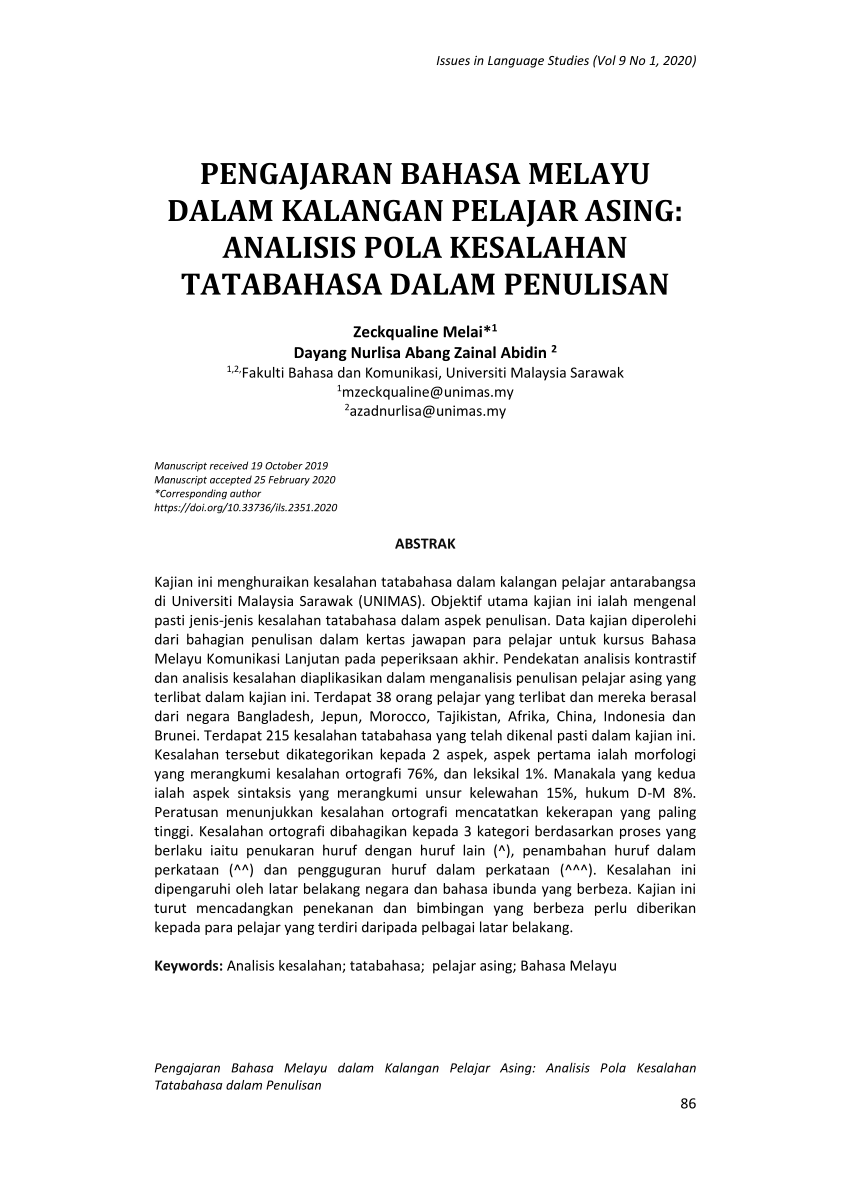 Pdf Pengajaran Bahasa Melayu Dalam Kalangan Pelajar Asing Analisis Pola Kesalahan Tatabahasa Dalam Penulisan