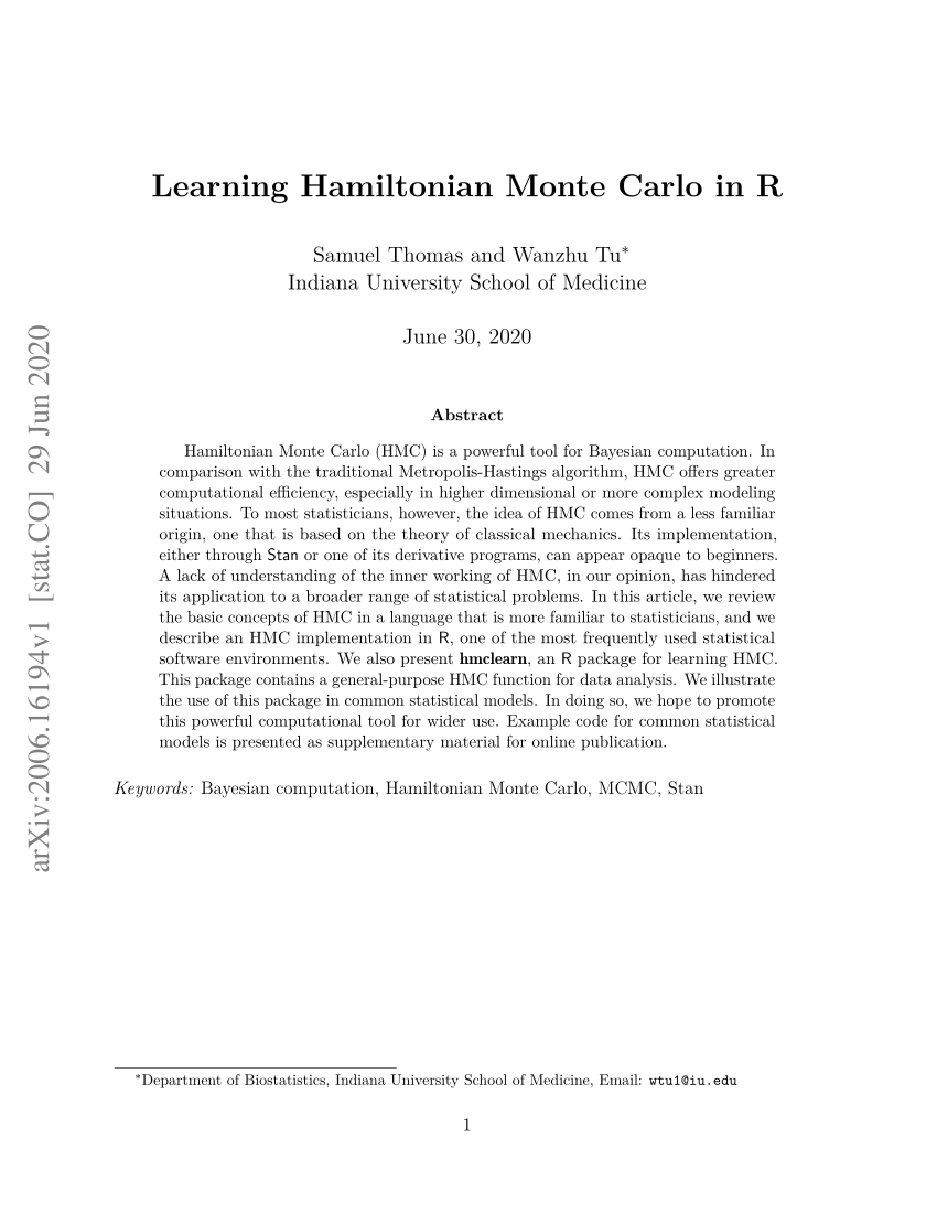 Pdf Learning Hamiltonian Monte Carlo In R