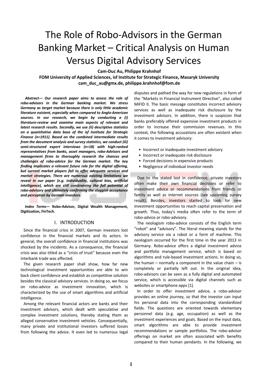 Pdf The Role Of Robo Advisors In The German Banking Market Critical Analysis On Human Versus Digital Advisory Services