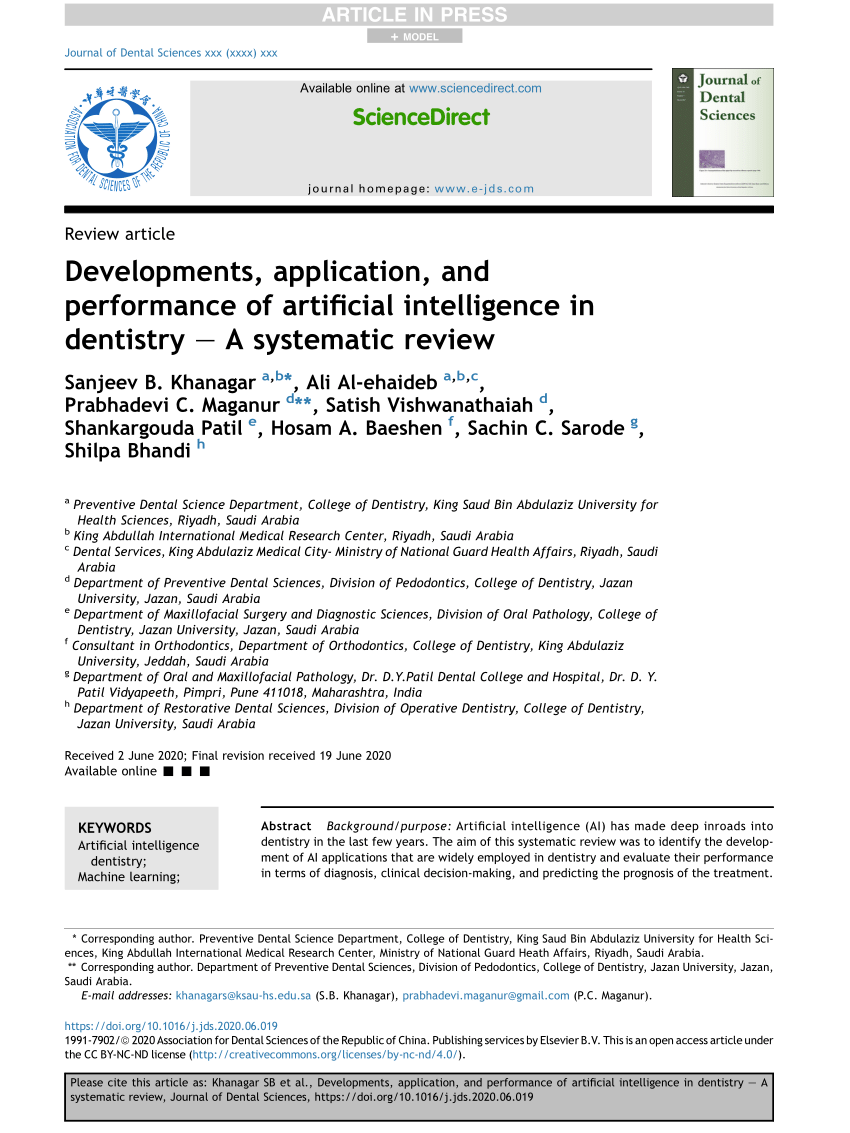 Pdf Developments Application And Performance Of Artificial Intelligence In Dentistry A Systematic Review