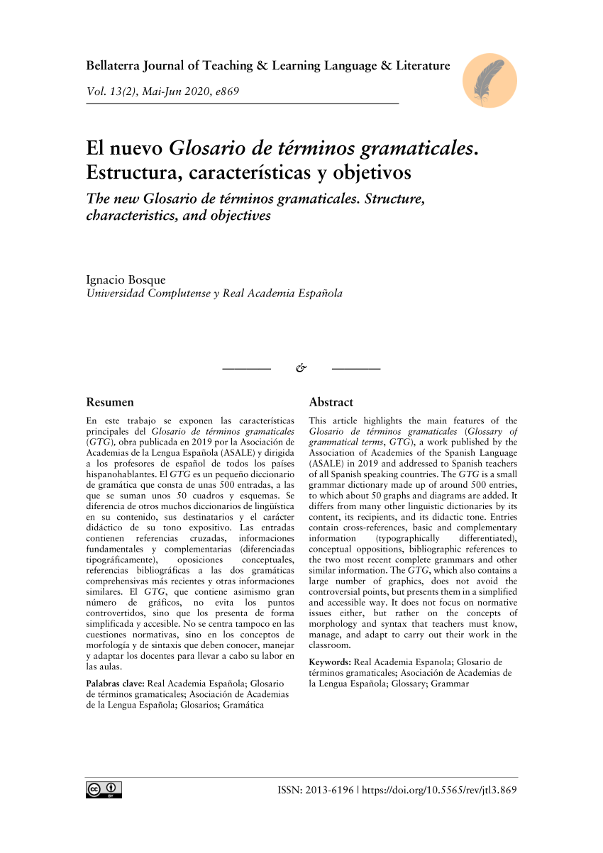 Pdf The New Glosario De Terminos Gramaticales Structure Characteristics And Objectives