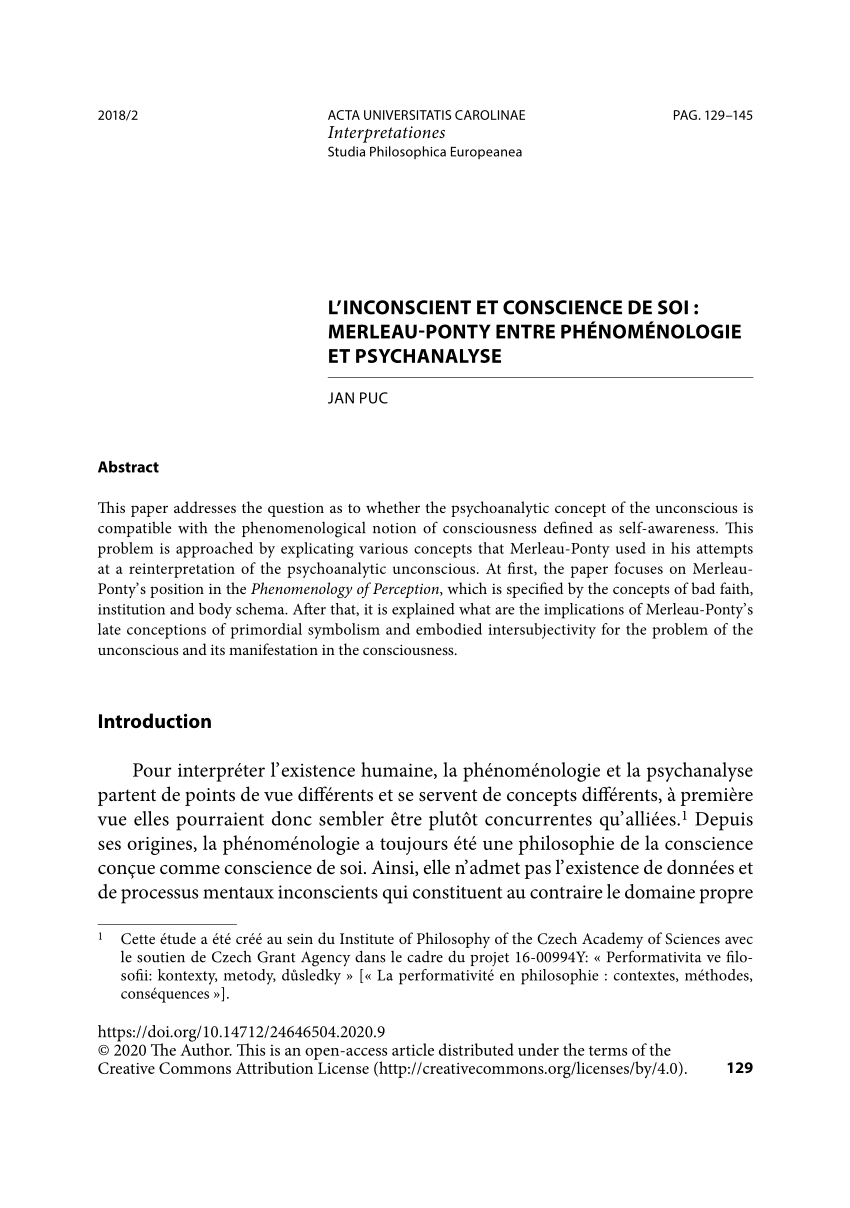 Pdf L Inconscient Et Conscience De Soi Merleau Ponty Entre Phenomenologie Et Psychanalyse