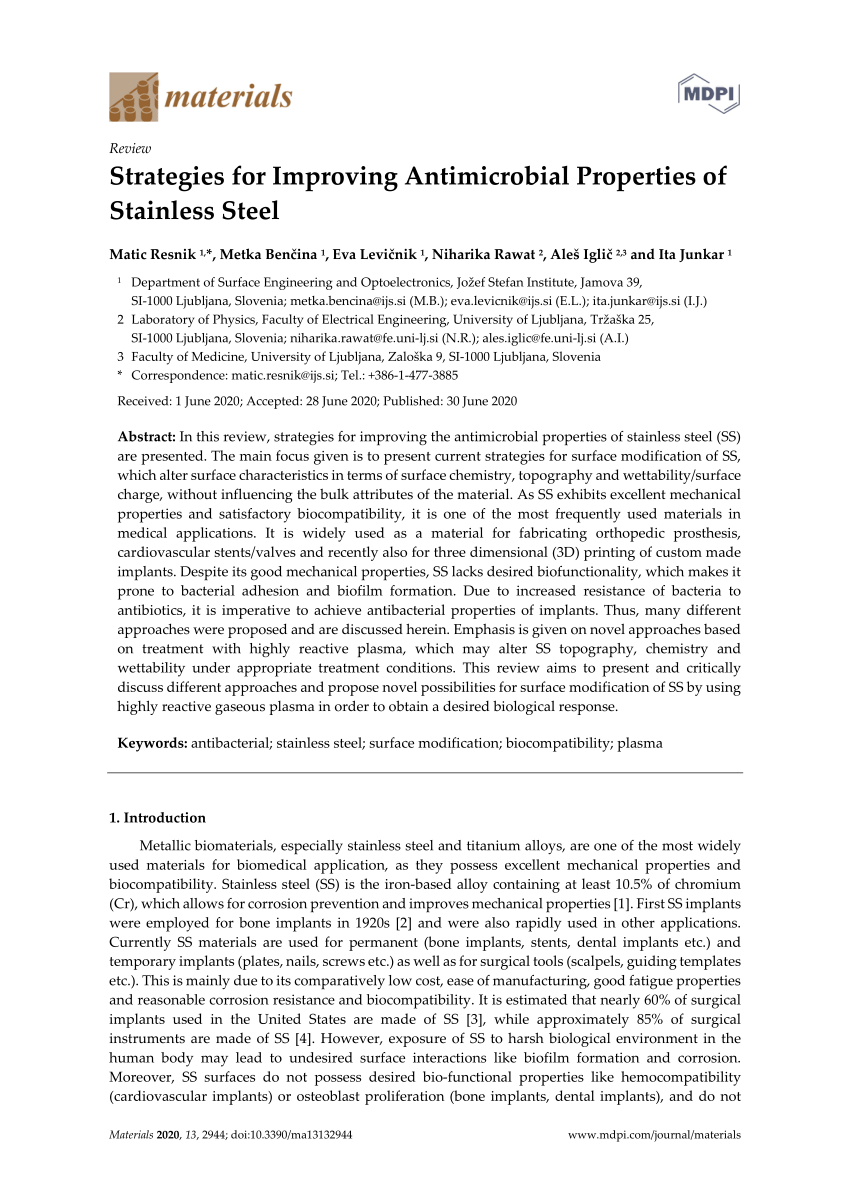 Pdf Strategies For Improving Antimicrobial Properties Of Stainless Steel