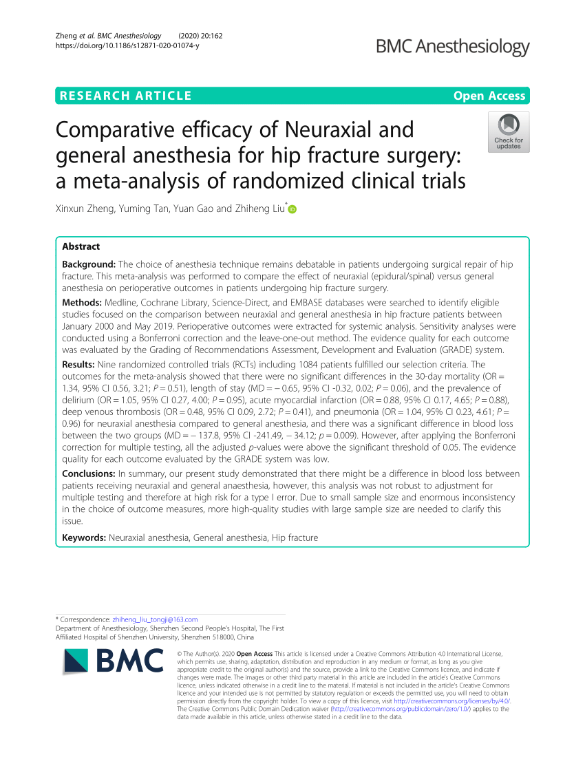 Pdf Comparative Efficacy Of Neuraxial And General Anesthesia For Hip