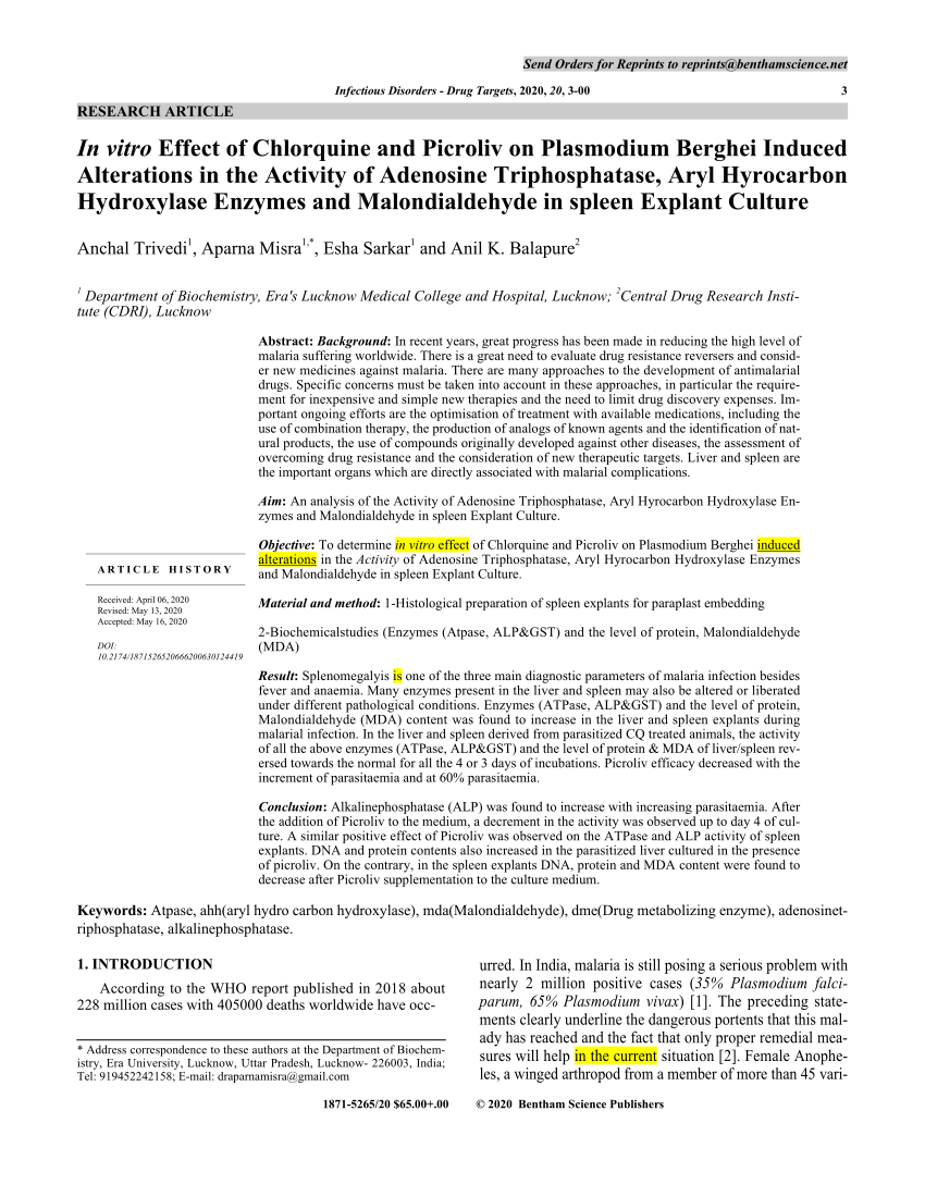 Pdf In Vitro Effect Of Chlorquine And Picroliv On Plasmodium Berghei Induced Alterations In The Activity Of Adenosine Triphosphatase Aryl Hyrocarbon Hydroxylase Enzymes And Malondialdehyde In Spleen Explant Culture