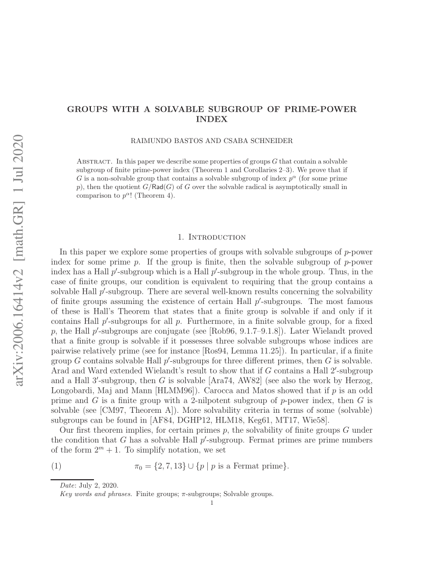 Pdf Groups With A Solvable Subgroup Of Prime Power Index