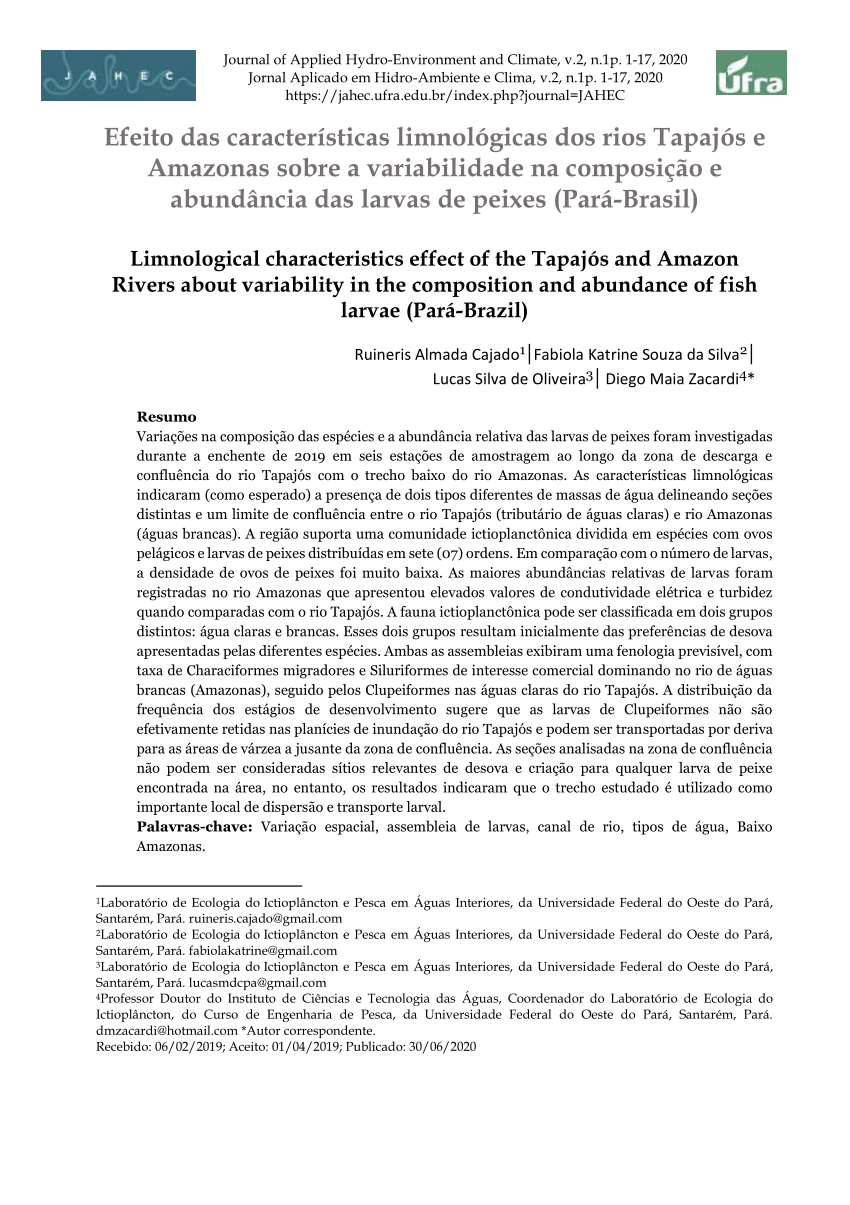 Pdf Limnological Characteristics Effect Of The Tapajos And Amazon Rivers About Variability In The Composition And Abundance Of Fish Larvae Para Brazil