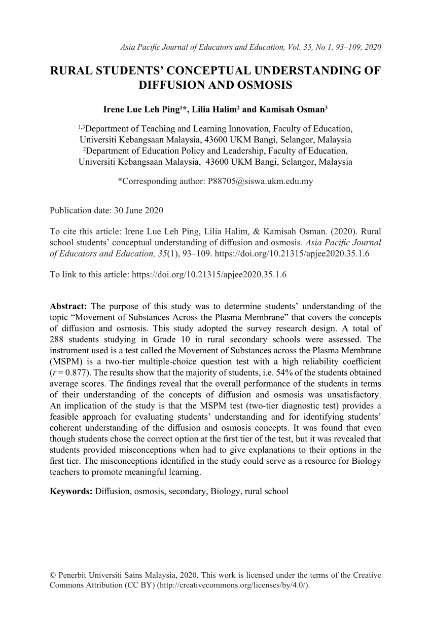 Pdf Rural Students Conceptual Understanding Of Diffusion And Osmosis