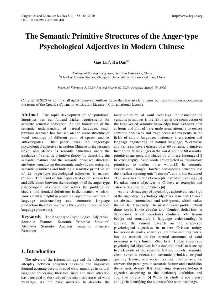 Pdf The Semantic Primitive Structures Of The Anger Type Psychological Adjectives In Modern Chinese