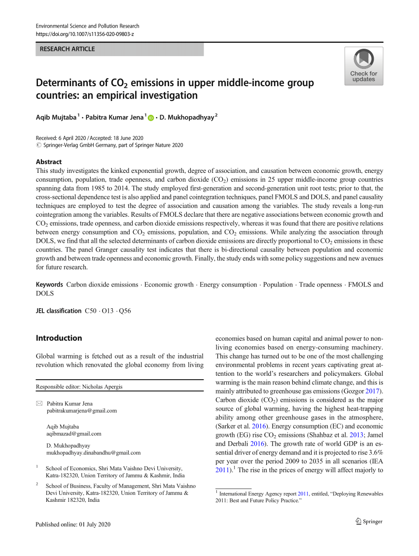 Pdf Determinants Of Co2 Emissions In Upper Middle Income Group Countries An Empirical Investigation