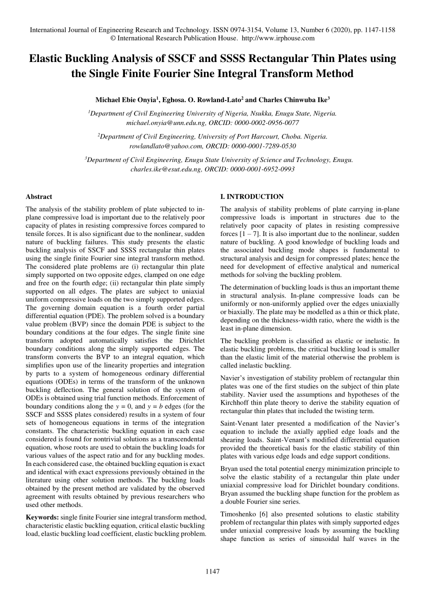 PDF) Elastic Buckling Analysis of SSCF and SSSS Rectangular Thin 