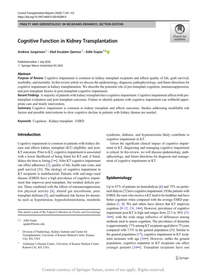 Cognitive Function in Kidney Transplantation