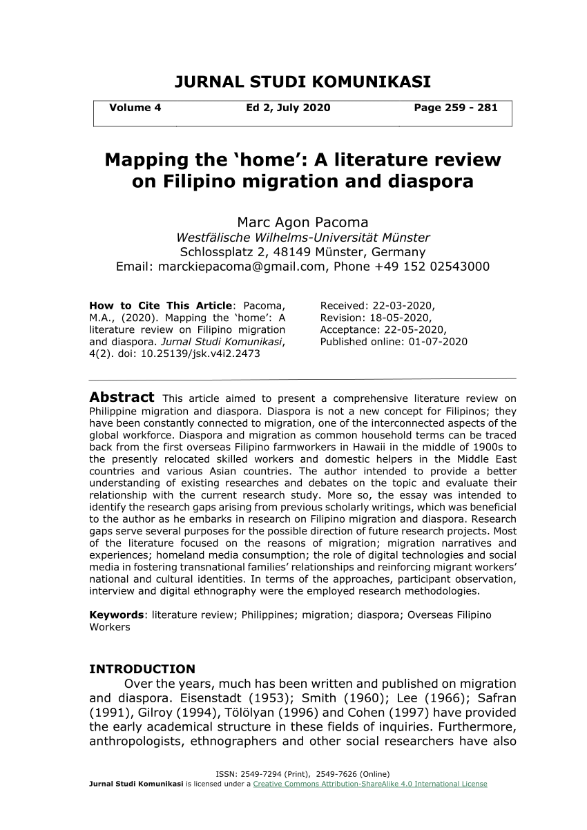 (PDF) Mapping the 'home': A literature review on Filipino migration and diaspora