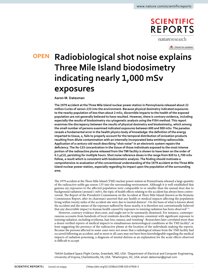 Pdf Radiobiological Shot Noise Explains Three Mile Island Biodosimetry Indicating Nearly 1 000 Msv Exposures