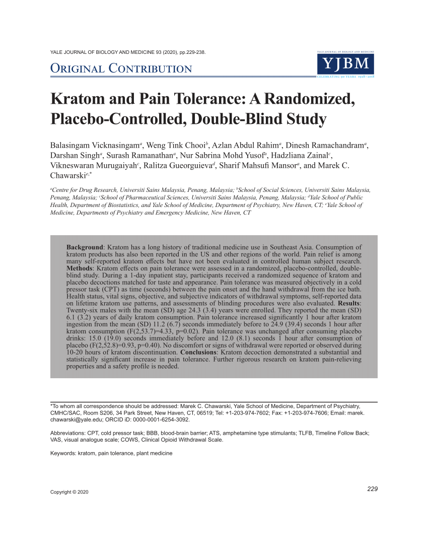 PDF Kratom and Pain Tolerance A Randomized Placebo Controlled