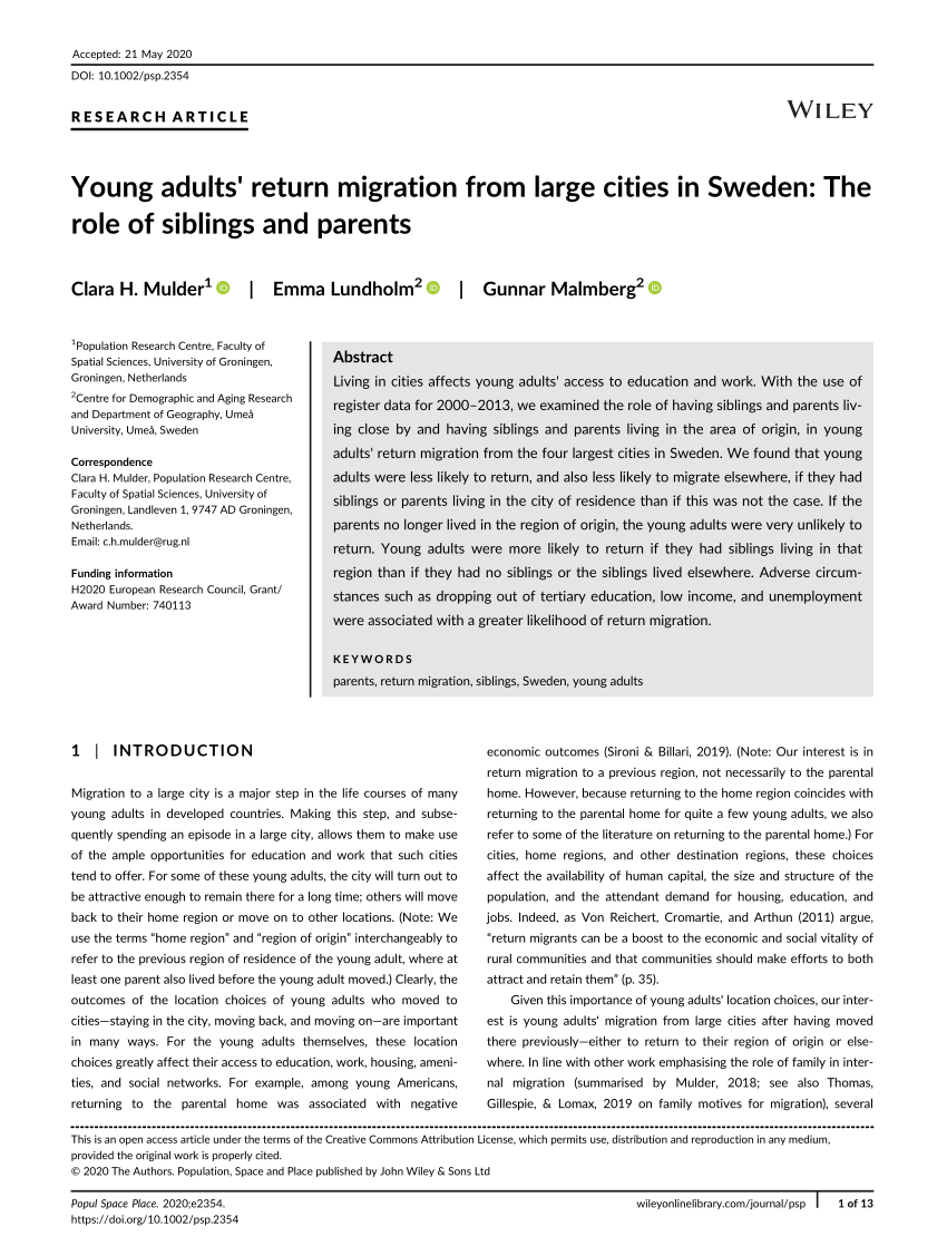 (PDF) Young adults' return migration from large cities in Sweden The role of siblings and parents