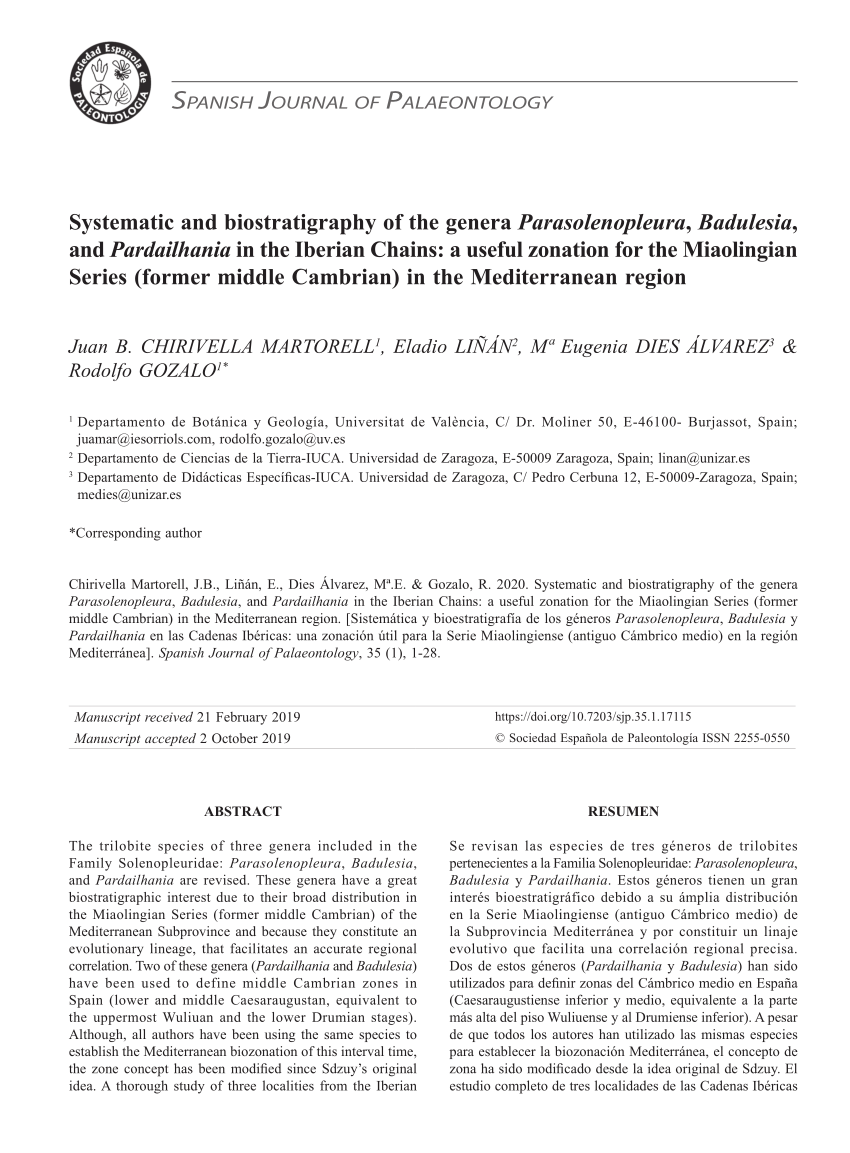 Pdf Systematic And Biostratigraphy Of The Genera Parasolenopleura Badulesia And Pardailhania In The Iberian Chains A Useful Zonation For The Miaolingian Series Former Middle Cambrian In The Mediterranean Region