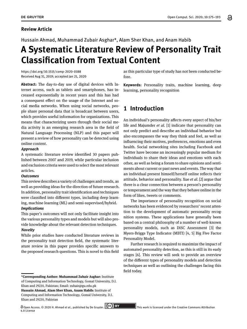 literature review of personality type