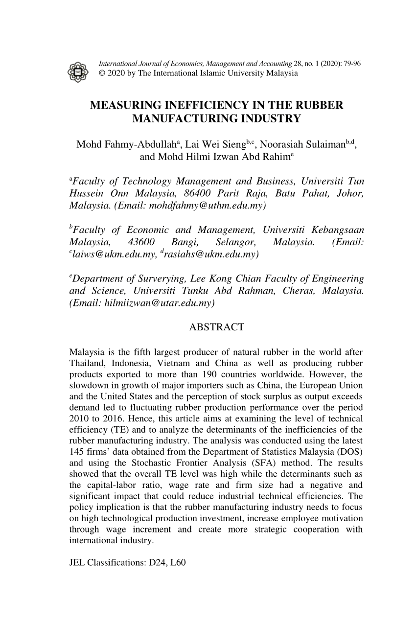 Pdf Measuring Inefficiency In The Rubber Manufacturing Industry