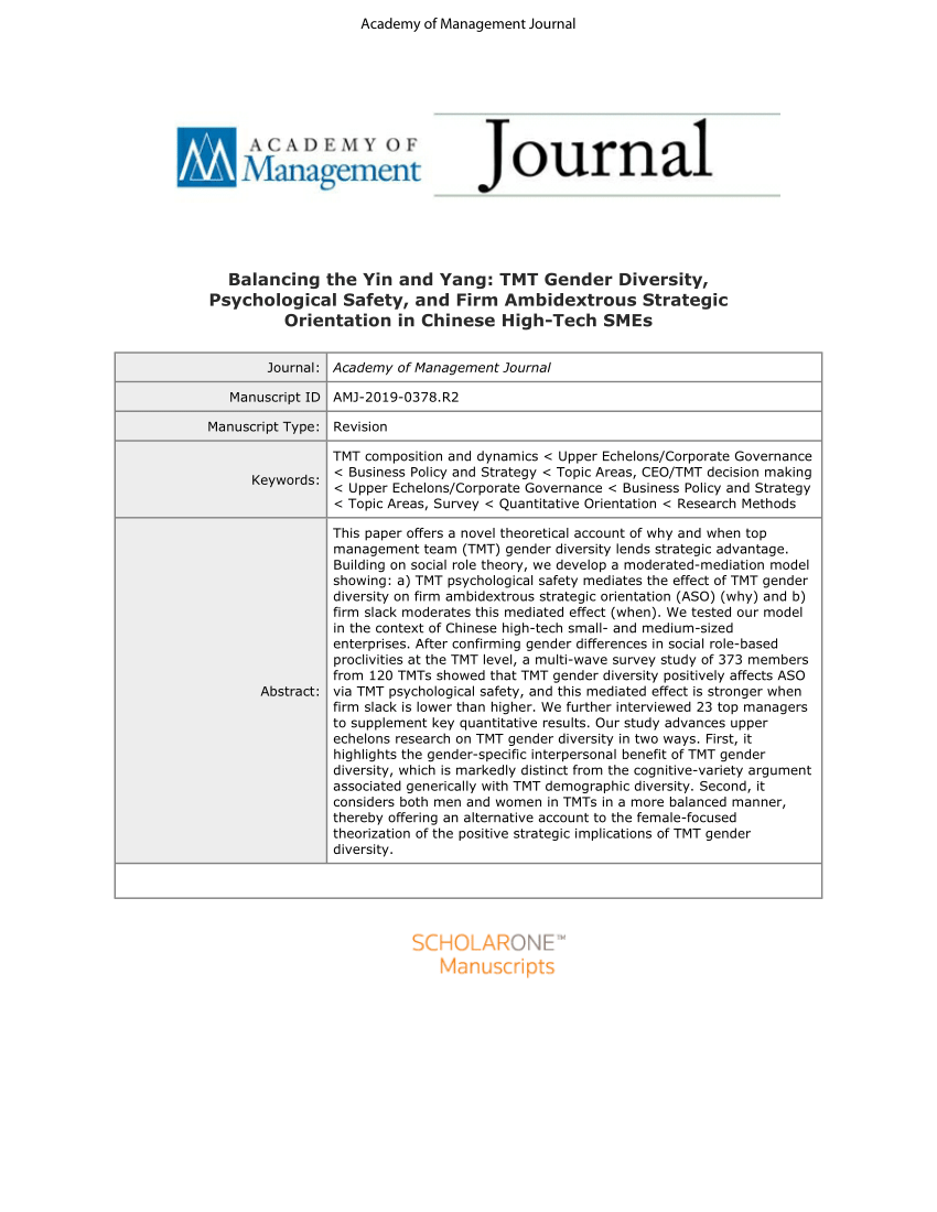 Pdf Balancing The Yin And Yang Tmt Gender Diversity Psychological Safety And Firm Ambidextrous Strategic Orientation In Chinese High Tech Smes