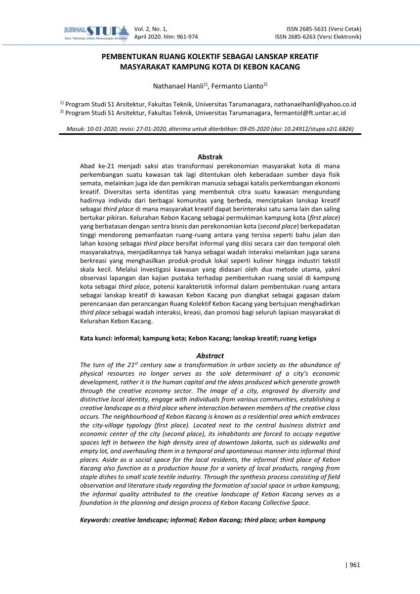 Pdf Pembentukan Ruang Kolektif Sebagai Lanskap Kreatif Masyarakat Kampung Kota Di Kebon Kacang