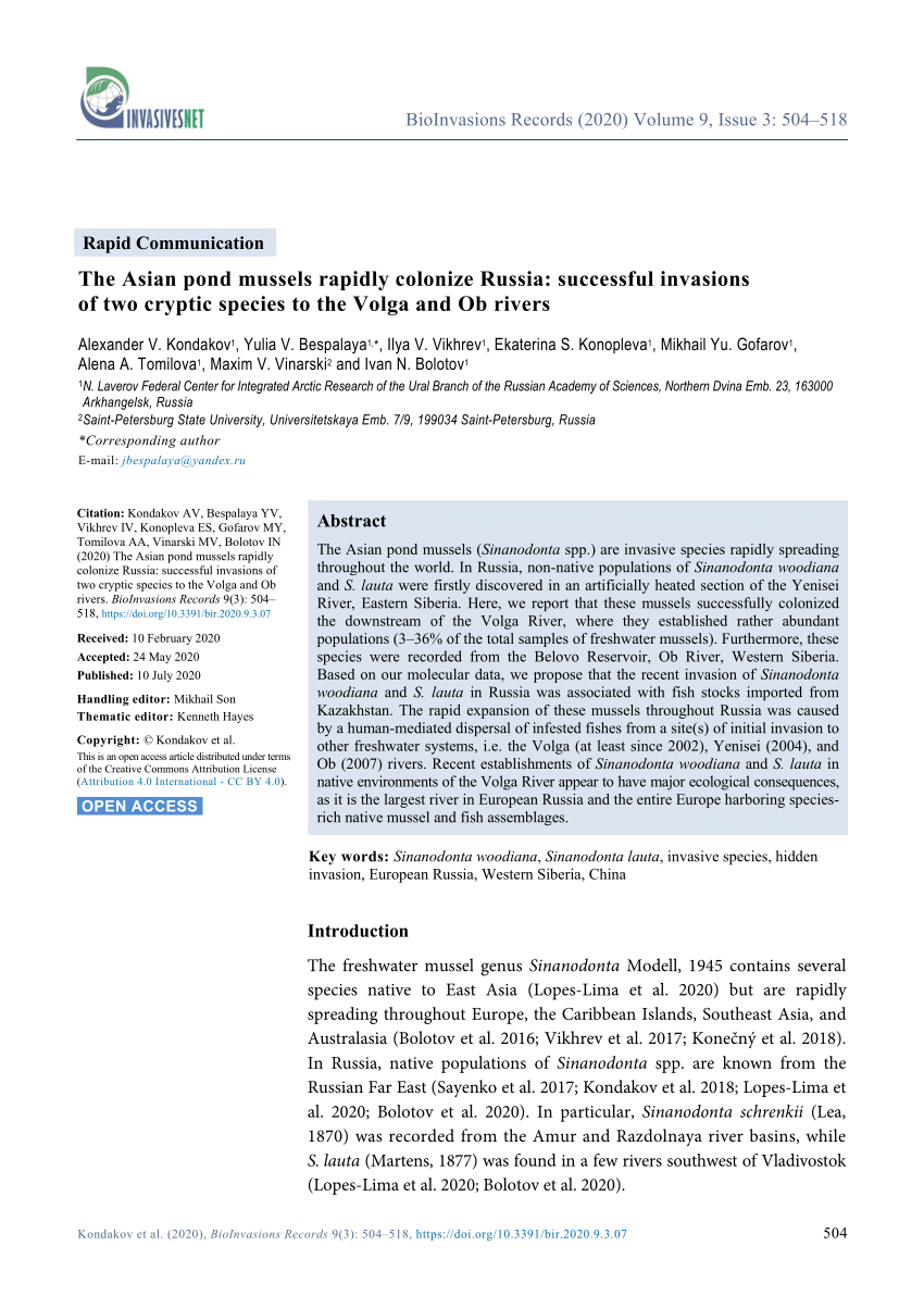 Pdf The Asian Pond Mussels Rapidly Colonize Russia Successful Invasions Of Two Cryptic Species To The Volga And Ob Rivers