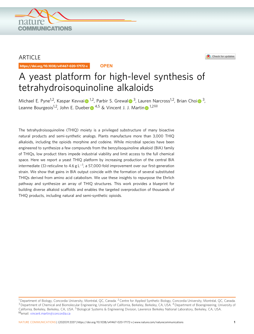 Pdf A Yeast Platform For High Level Synthesis Of Tetrahydroisoquinoline Alkaloids