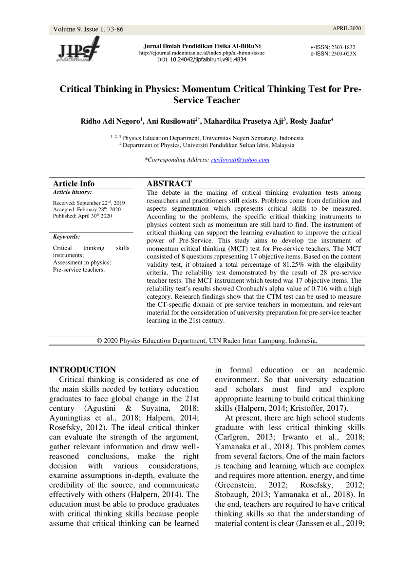 pdf critical thinking in physics momentum critical thinking test for pre service teacher