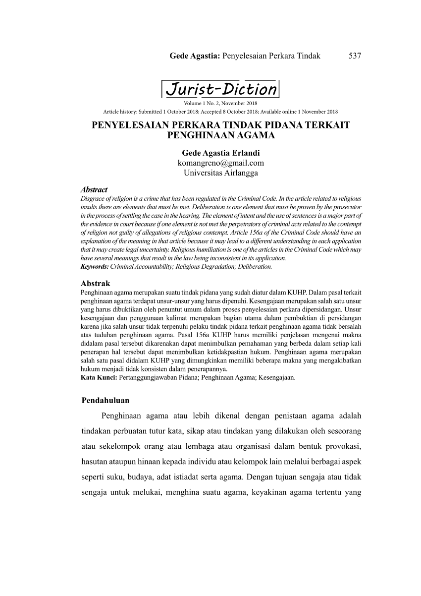 Pdf Penyelesaian Perkara Tindak Pidana Terkait Penghinaan Agama