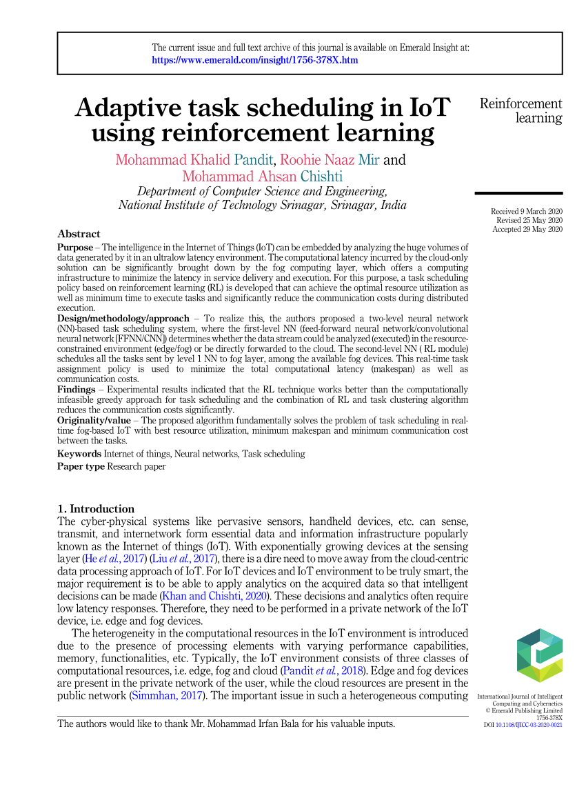 Pdf Adaptive Task Scheduling In Iot Using Reinforcement Learning