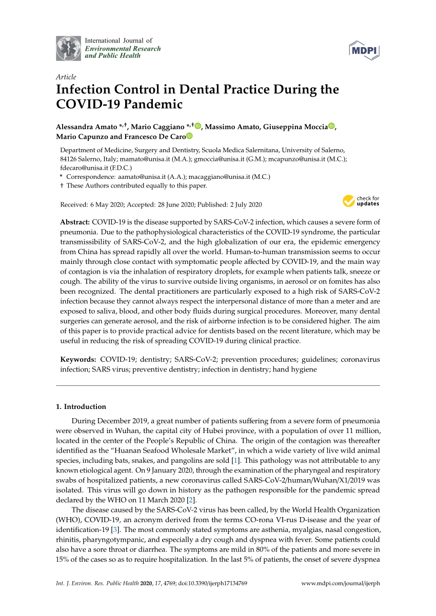 Pdf Infection Control In Dental Practice During The Covid 19 Pandemic