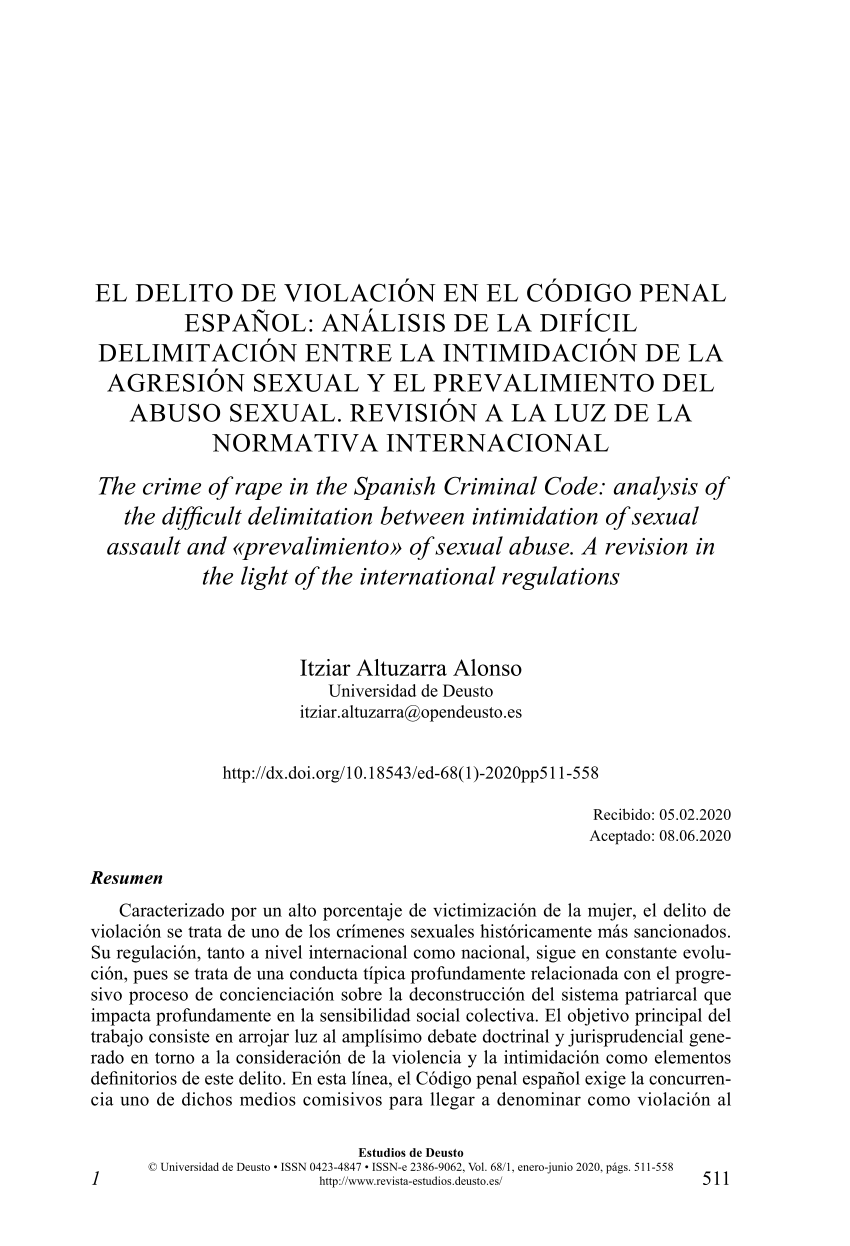 Pdf El Delito De Violación En El Código Penal Español Análisis De La Difícil Delimitación 5003