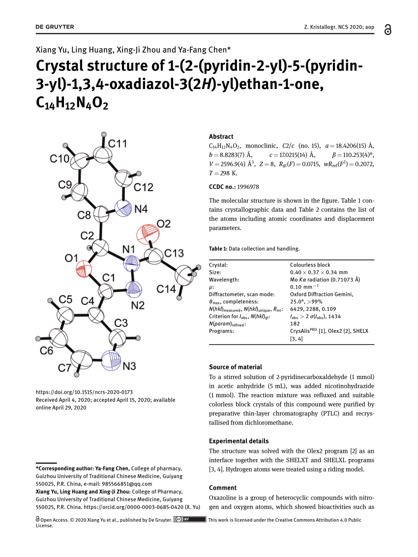 Pdf Crystal Structure Of 1 2 Pyridin 2 Yl 5 Pyridin 3 Yl 1 3 4 Oxadiazol 3 2h Yl Ethan 1 One C14h12n4o2