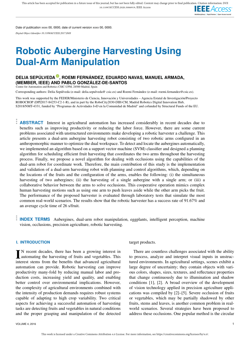Pdf Robotic Aubergine Harvesting Using Dual Arm Manipulation