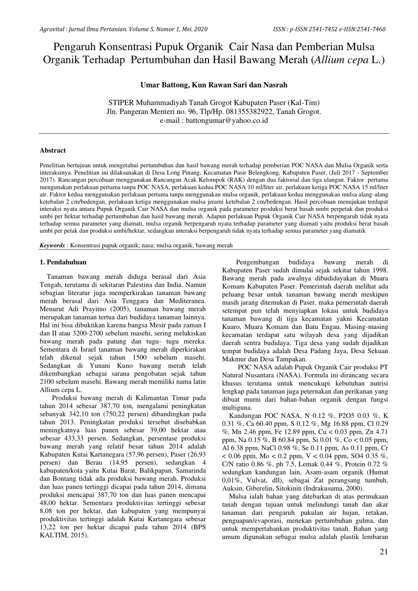 Pdf Pengaruh Konsentrasi Pupuk Organik Cair Nasa Dan Pemberian Mulsa Organik Terhadap 8649