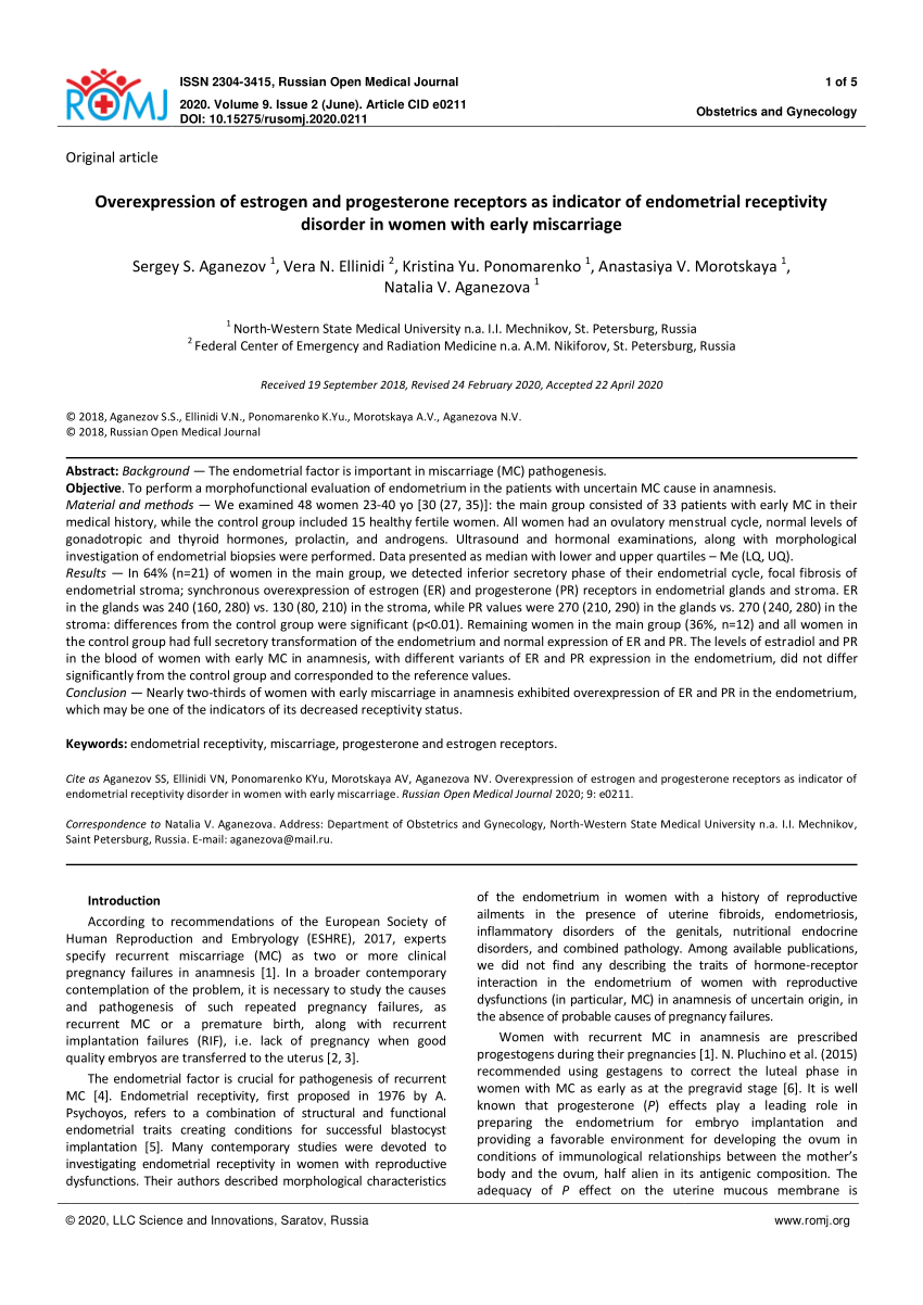 PDF) Overexpression of estrogen and progesterone receptors as indicator of  endometrial receptivity disorder in women with early miscarriage