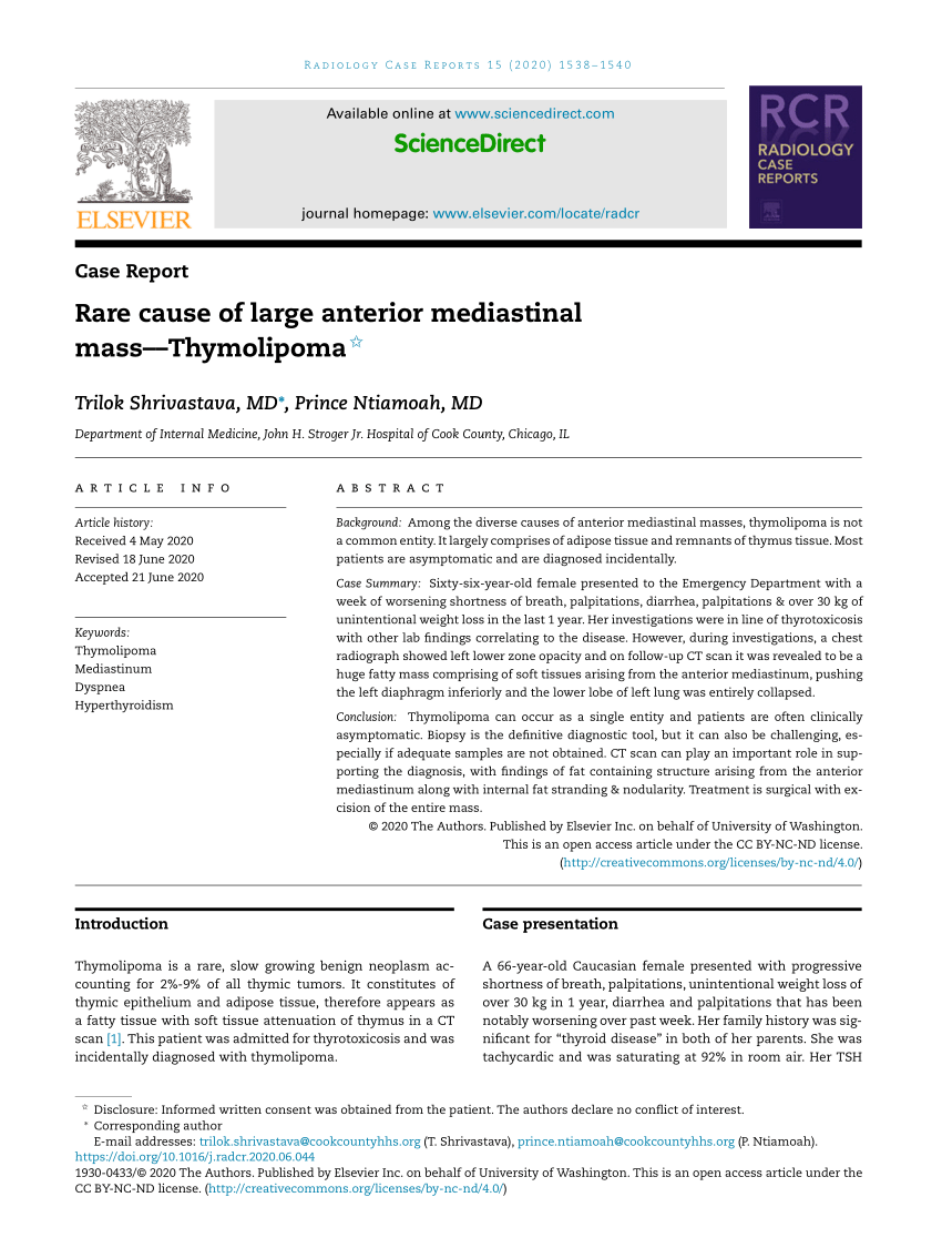 PDF) Rare cause of large anterior mediastinal mass––Thymolipoma