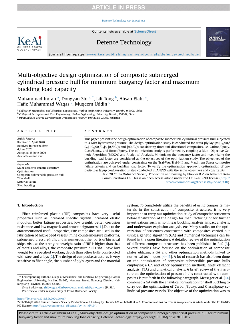 PDF) Multi-objective design optimization of composite submerged cylindrical  pressure hull for minimum buoyancy factor and maximum buckling load capacity