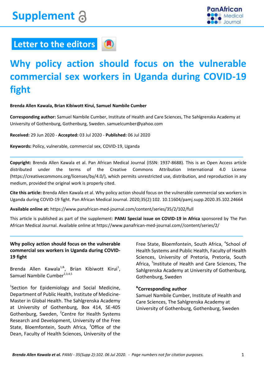 Pdf Why Policy Action Should Focus On The Vulnerable Commercial Sex Workers In Uganda During Covid 19 Fight