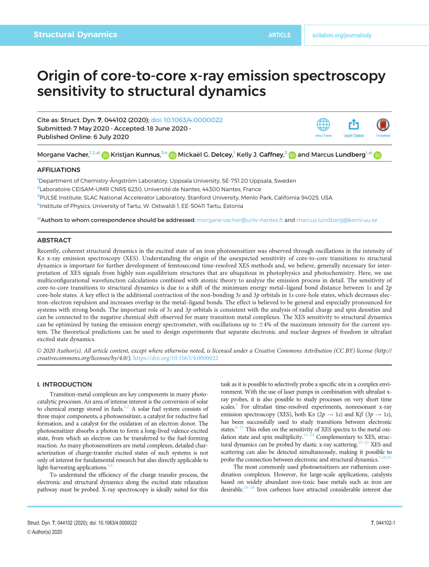 Pdf Origin Of Core To Core X Ray Emission Spectroscopy Sensitivity To Structural Dynamics