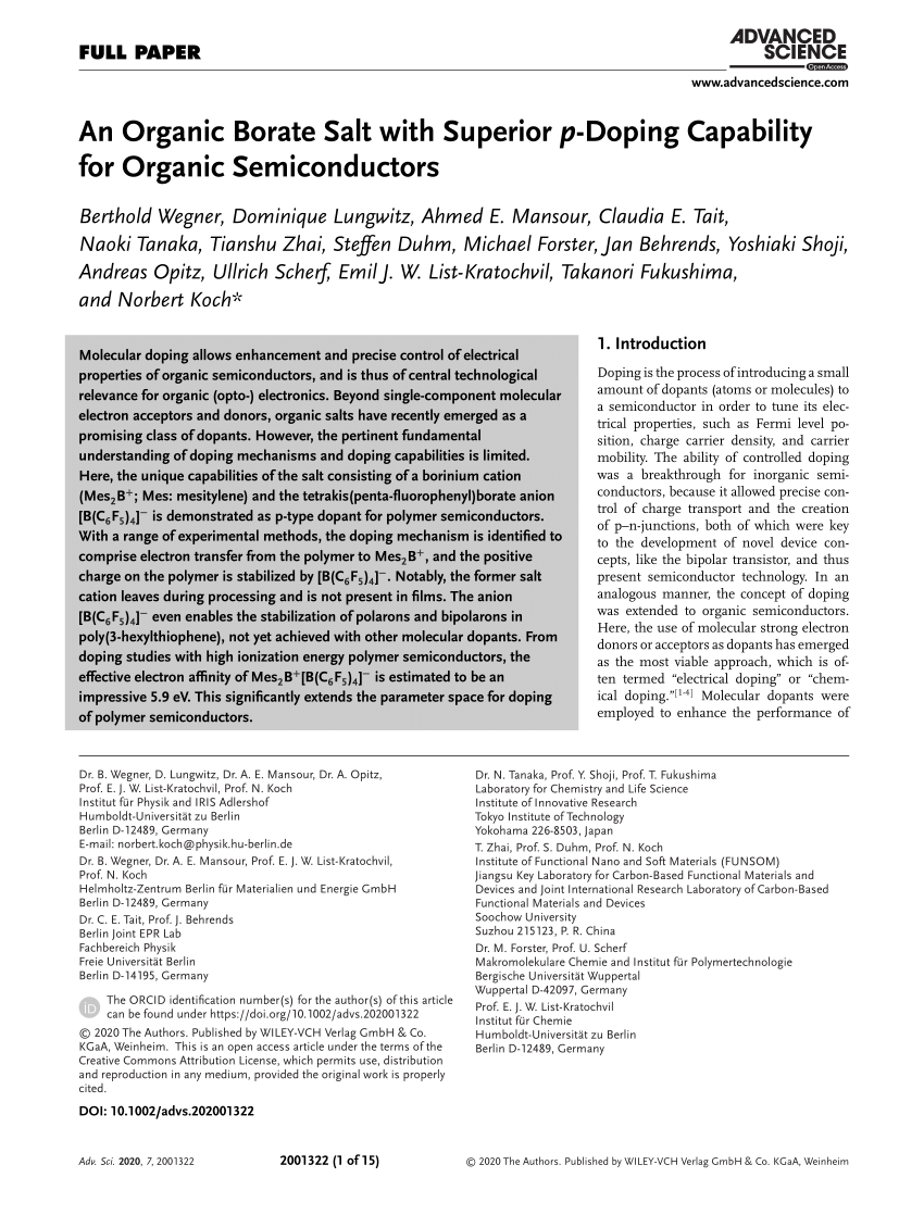 Pdf An Organic Borate Salt With Superior P Doping Capability For Organic Semiconductors