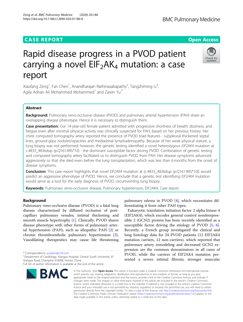 PDF) Rapid disease progress in a PVOD patient carrying a novel EIF2AK4mutation A case report