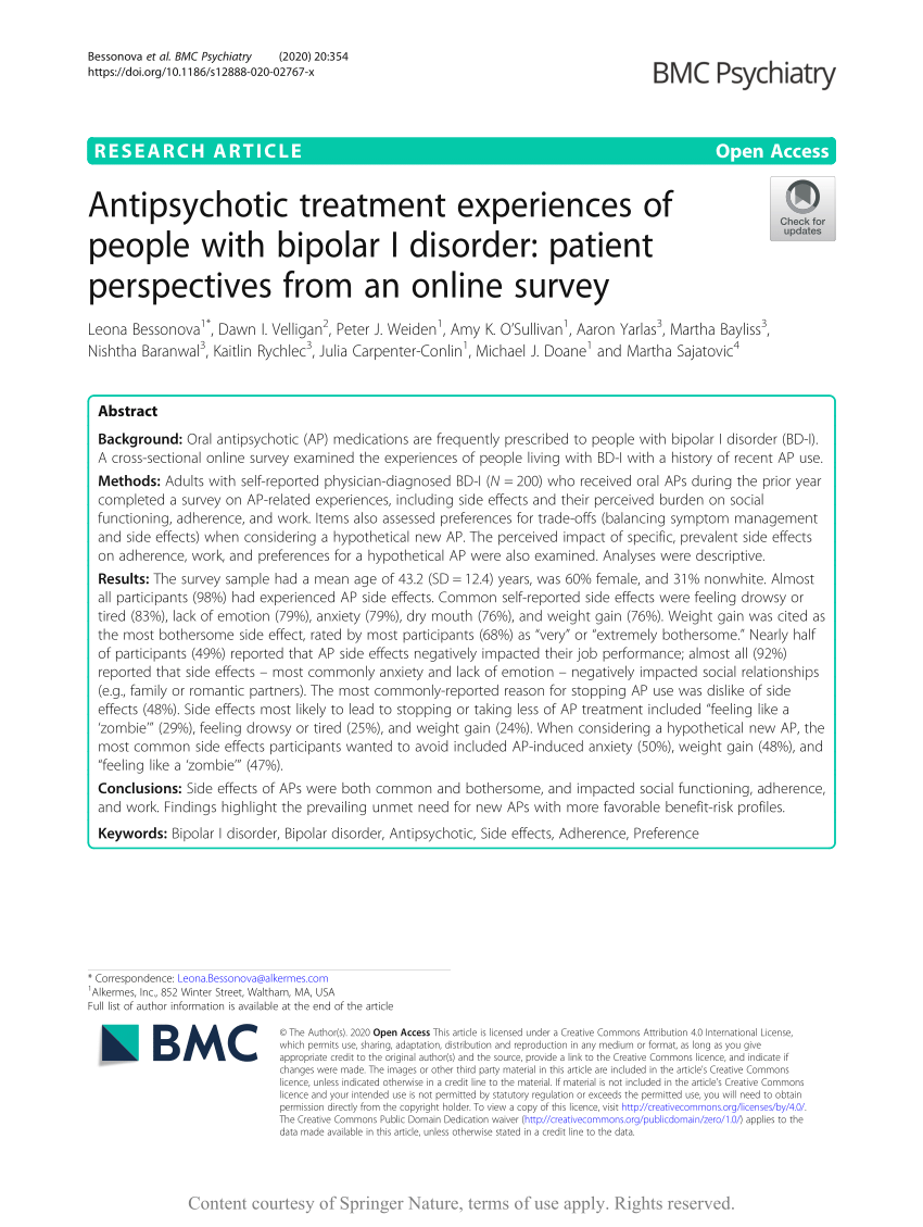 Pdf Antipsychotic Treatment Experiences Of People With Bipolar I Disorder Patient Perspectives From An Online Survey