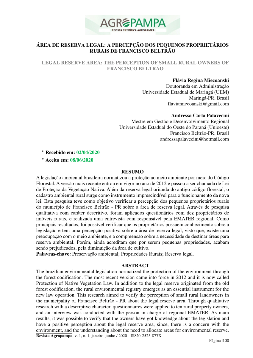 Pdf Area De Reserva Legal A Percepcao Dos Pequenos Proprietarios Rurais De Francisco Beltrao