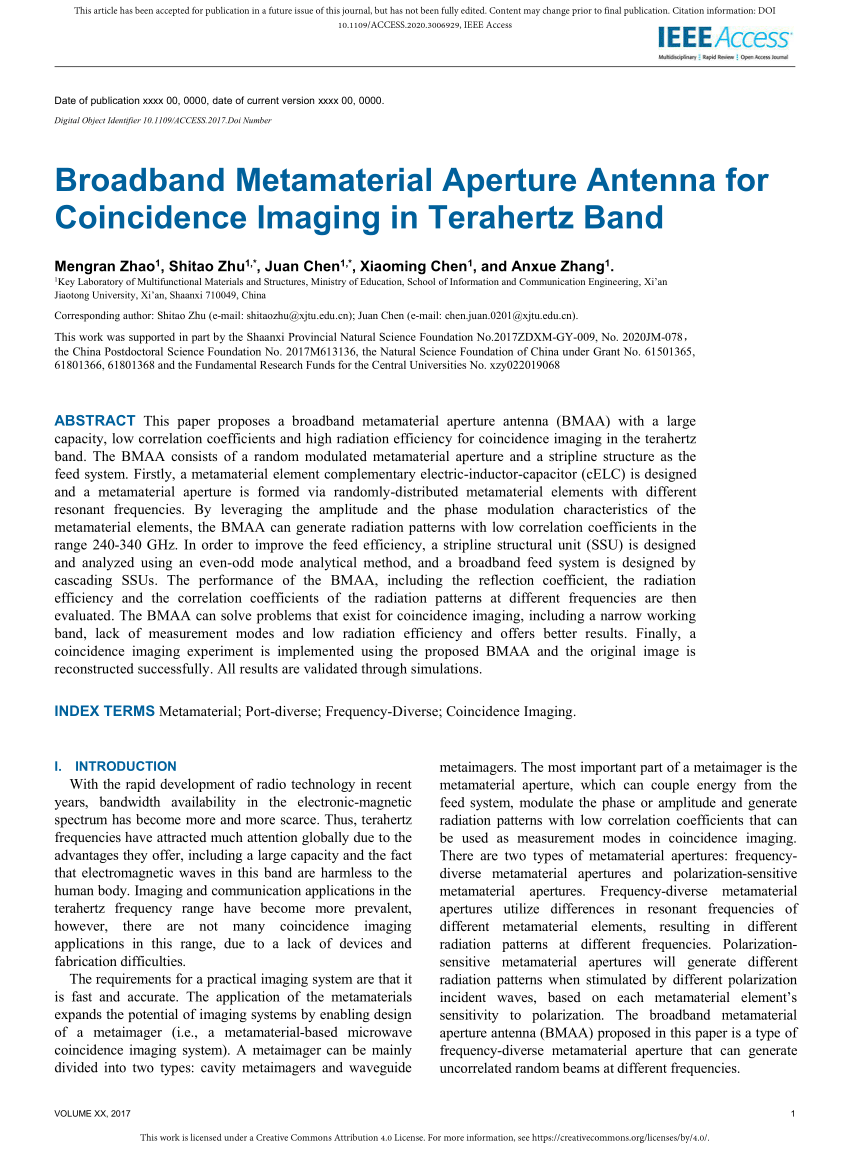 Pdf Broadband Metamaterial Aperture Antenna For Coincidence Imaging In Terahertz Band