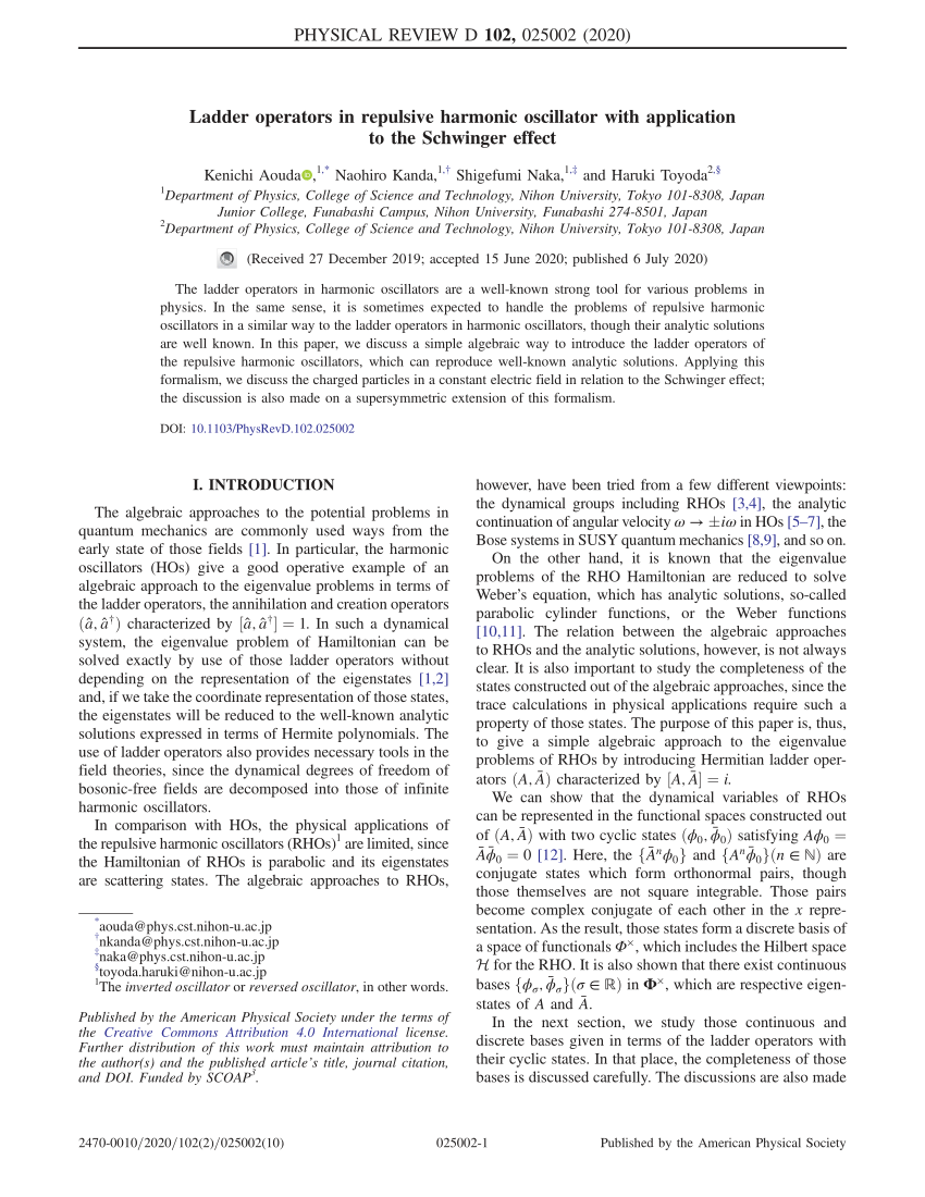 Pdf Ladder Operators In Repulsive Harmonic Oscillator With Application To The Schwinger Effect