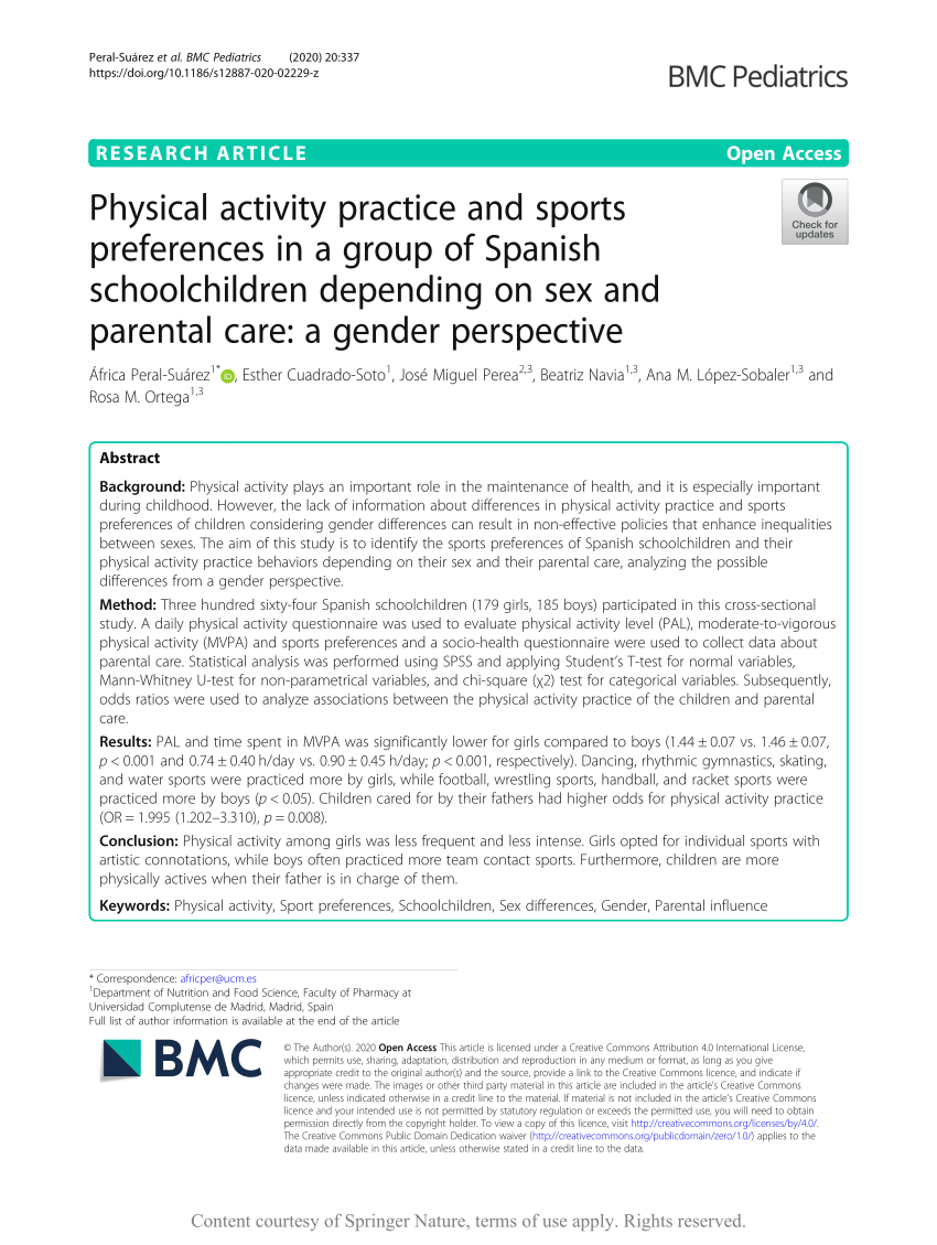 PDF) Physical activity practice and sports preferences in a group of Spanish  schoolchildren depending on sex and parental care: a gender perspective