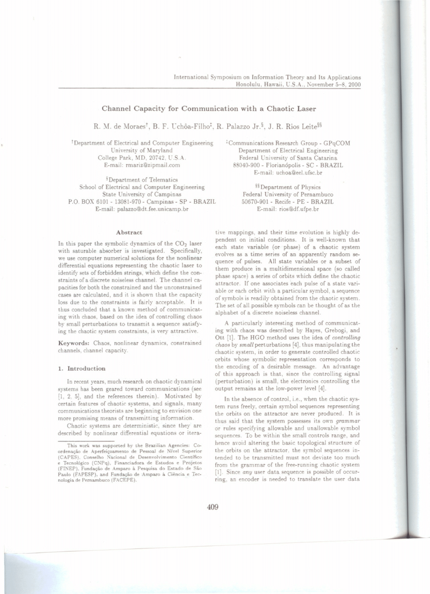 Pdf Channel Capacity For Communication With A Chaotic Laser