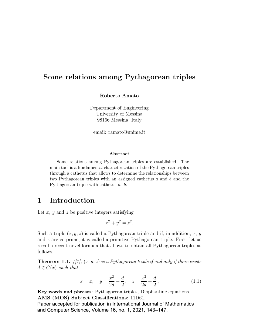 Pdf Postprint Of Some Relations Among Pythagorean Triples