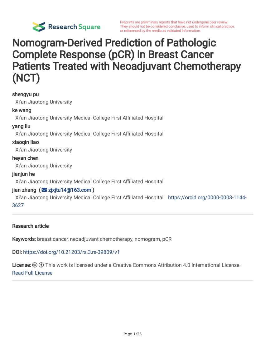 Pdf Nomogram Derived Prediction Of Pathologic Complete Response Pcr In Breast Cancer 